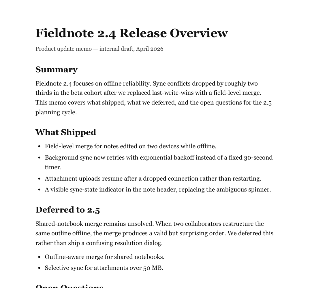 First page of a product release memo PDF with headings and bullet lists
